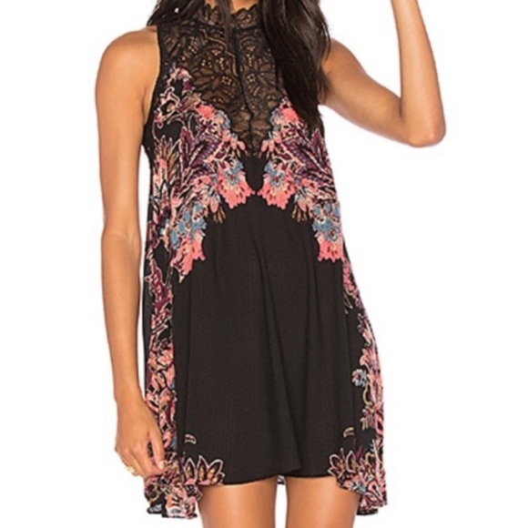 Free People “Marsha” Slip Dress W/ Black Lace & Multi-Color Floral Pattern - Picture 4 of 7